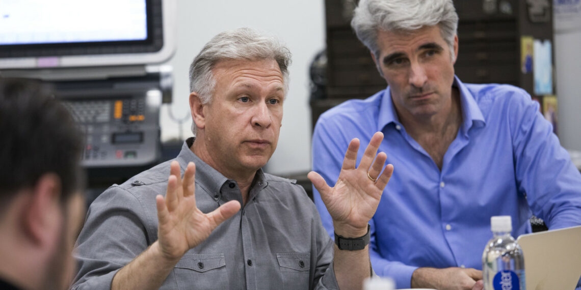Apple executives Phil Schiller and Craig Federighi hold a roundtable conversation with journalists on the Mac inside the machine shop at Apple's Product Realization Lab.